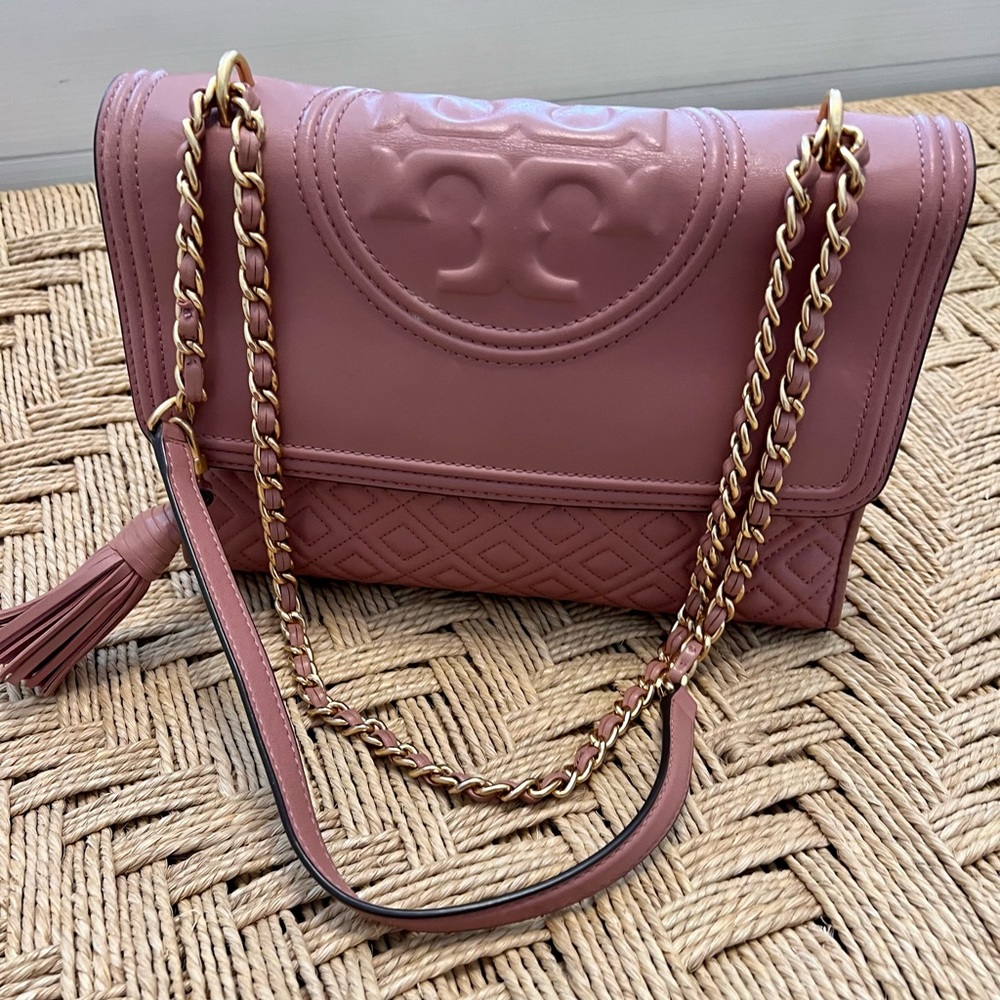 Tory Burch Dusty Rose Quilted Leather Shoulder Bag with Gold Chain
